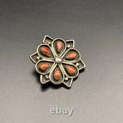 Vintage Zuni Native Coral Silver Brooch Pin Pendant