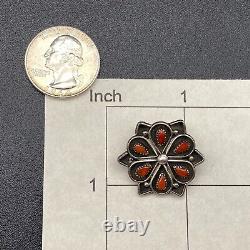 Vintage Zuni Native Coral Silver Brooch Pin Pendant