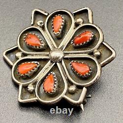 Vintage Zuni Native Coral Silver Brooch Pin Pendant