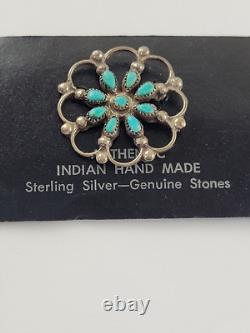Vintage Zuni Native Petit Petite Point Turquoise 925 Sterling Silver Pin Brooch