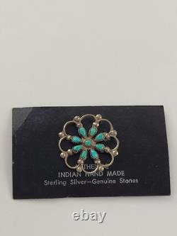 Vintage Zuni Native Petit Petite Point Turquoise 925 Sterling Silver Pin Brooch