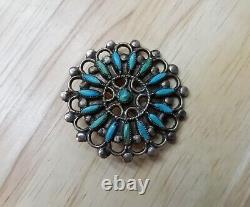 Vintage Zuni Needlepoint round brooch natural turquoise silver pin