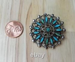 Vintage Zuni Needlepoint round brooch natural turquoise silver pin
