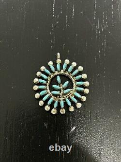 Vintage Zuni Petit Needlepoint Sterling Silver Turquoise Pin Pendant Brooch