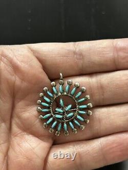 Vintage Zuni Petit Needlepoint Sterling Silver Turquoise Pin Pendant Brooch