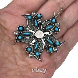 Vintage Zuni Petit Point Turquoise Sterling Silver Flower Pin Brooch Pendant