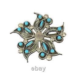 Vintage Zuni Petit Point Turquoise Sterling Silver Flower Pin Brooch Pendant
