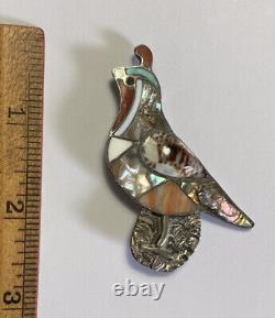 Vintage Zuni Quail Pin Multi Stone Inlay Turquoise Coral Shell