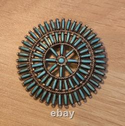 Vintage Zuni R. Paquin Sterling Silver Turquoise Needlepoint Sunburst Brooch Pin