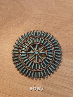 Vintage Zuni R. Paquin Sterling Silver Turquoise Needlepoint Sunburst Brooch Pin