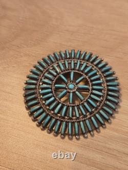 Vintage Zuni R. Paquin Sterling Silver Turquoise Needlepoint Sunburst Brooch Pin