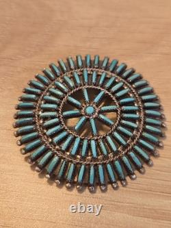 Vintage Zuni R. Paquin Sterling Silver Turquoise Needlepoint Sunburst Brooch Pin