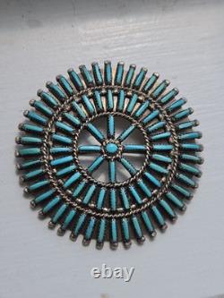 Vintage Zuni R. Paquin Sterling Silver Turquoise Needlepoint Sunburst Brooch Pin