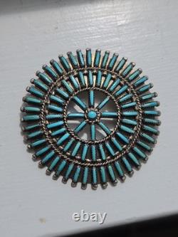 Vintage Zuni R. Paquin Sterling Silver Turquoise Needlepoint Sunburst Brooch Pin