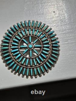 Vintage Zuni R. Paquin Sterling Silver Turquoise Needlepoint Sunburst Brooch Pin