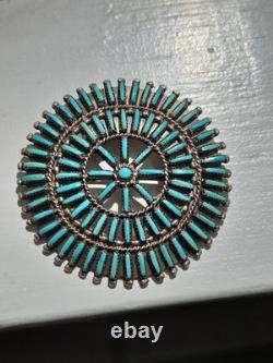 Vintage Zuni R. Paquin Sterling Silver Turquoise Needlepoint Sunburst Brooch Pin
