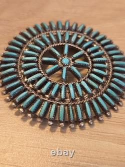 Vintage Zuni R. Paquin Sterling Silver Turquoise Needlepoint Sunburst Brooch Pin
