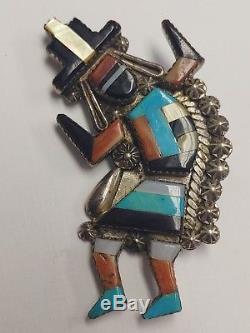 Vintage Zuni Rainbow Man Turquoise/Spiny Oyster Shell/Jet/MoP Inlay Sterling Pin