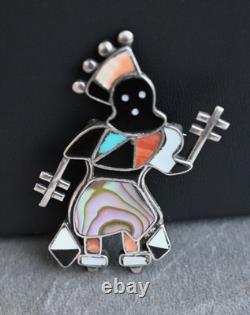 Vintage Zuni Silver Coral Onyx & Turquoise Inlay Crown Dancer Brooch 2 1/8 Inch