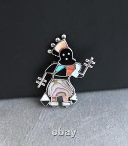 Vintage Zuni Silver Coral Onyx & Turquoise Inlay Crown Dancer Brooch 2 1/8 Inch