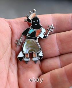 Vintage Zuni Silver Coral Onyx & Turquoise Inlay Crown Dancer Brooch 2 1/8 Inch