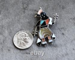 Vintage Zuni Silver Coral Onyx & Turquoise Inlay Crown Dancer Brooch 2 1/8 Inch