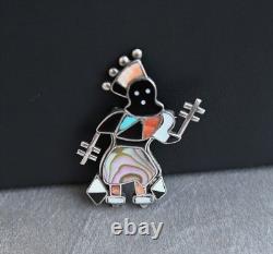 Vintage Zuni Silver Coral Onyx & Turquoise Inlay Crown Dancer Brooch 2 1/8 Inch