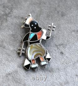 Vintage Zuni Silver Coral Onyx & Turquoise Inlay Crown Dancer Brooch 2 1/8 Inch