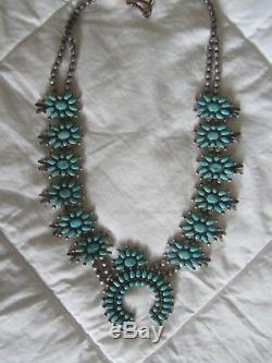 Vintage, Zuni, Squashblossom, turquoise, silver necklace, and pin, purchased 1960