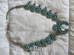 Vintage, Zuni, Squashblossom, turquoise, silver necklace, and pin, purchased 1960
