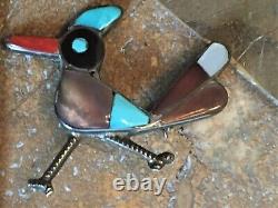 Vintage Zuni Sterling Inlay Roadrunner Pin Native American Signed Lesansee