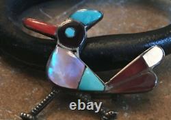 Vintage Zuni Sterling Inlay Roadrunner Pin Native American Signed Lesansee