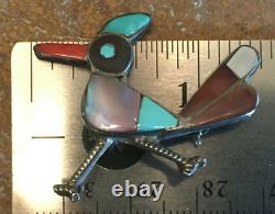 Vintage Zuni Sterling Inlay Roadrunner Pin Native American Signed Lesansee