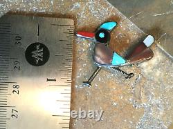 Vintage Zuni Sterling Inlay Roadrunner Pin Native American Signed Lesansee