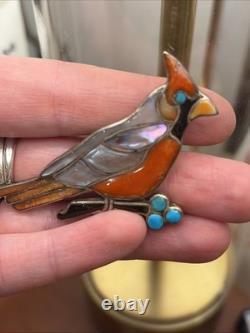 Vintage Zuni Sterling Mosaic Inlay Cardinal Pin Brooch By Virgil & Shirley Benn