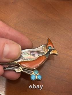 Vintage Zuni Sterling Mosaic Inlay Cardinal Pin Brooch By Virgil & Shirley Benn