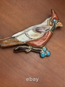 Vintage Zuni Sterling Mosaic Inlay Cardinal Pin Brooch By Virgil & Shirley Benn