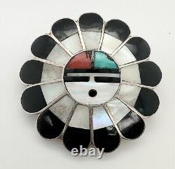 Vintage Zuni Sterling Silver Brooch Onyx Coral Turquoise Inlay