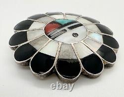 Vintage Zuni Sterling Silver Brooch Onyx Coral Turquoise Inlay