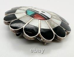 Vintage Zuni Sterling Silver Brooch Onyx Coral Turquoise Inlay