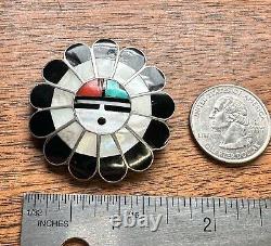 Vintage Zuni Sterling Silver Brooch Onyx Coral Turquoise Inlay