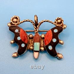 Vintage Zuni Sterling Silver Butterfly Pin/ Pendant Hand-Cut Mosaic Inlay 1.5