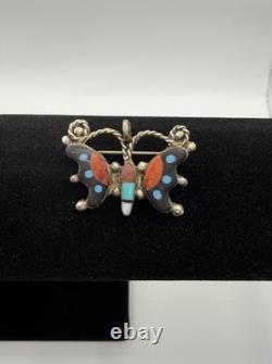 Vintage Zuni Sterling Silver Butterfly Pin/ Pendant Hand-Cut Mosaic Inlay 1.5