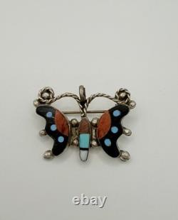 Vintage Zuni Sterling Silver Butterfly Pin/ Pendant Hand-Cut Mosaic Inlay 1.5