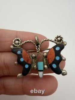 Vintage Zuni Sterling Silver Butterfly Pin/ Pendant Hand-Cut Mosaic Inlay 1.5