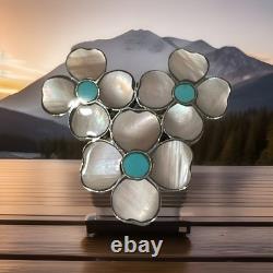 Vintage Zuni Sterling Silver Desert Rose Pin Pendant Mother of Pearl Turquoise