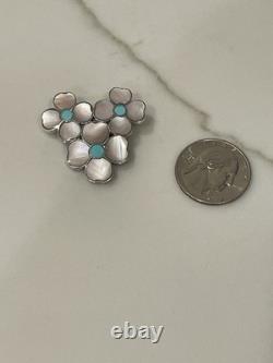 Vintage Zuni Sterling Silver Desert Rose Pin Pendant Mother of Pearl Turquoise