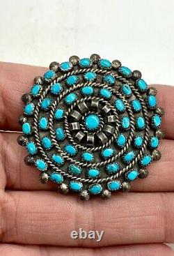 Vintage Zuni Sterling Silver Genuine Turquoise Petit Point Cluster Pin Brooch