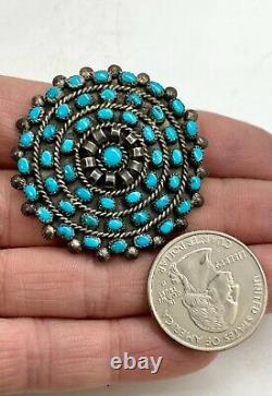 Vintage Zuni Sterling Silver Genuine Turquoise Petit Point Cluster Pin Brooch