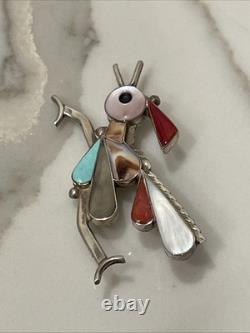 Vintage Zuni Sterling Silver Inlay Pin/pendent Turquoise Coral Signed Kelly E